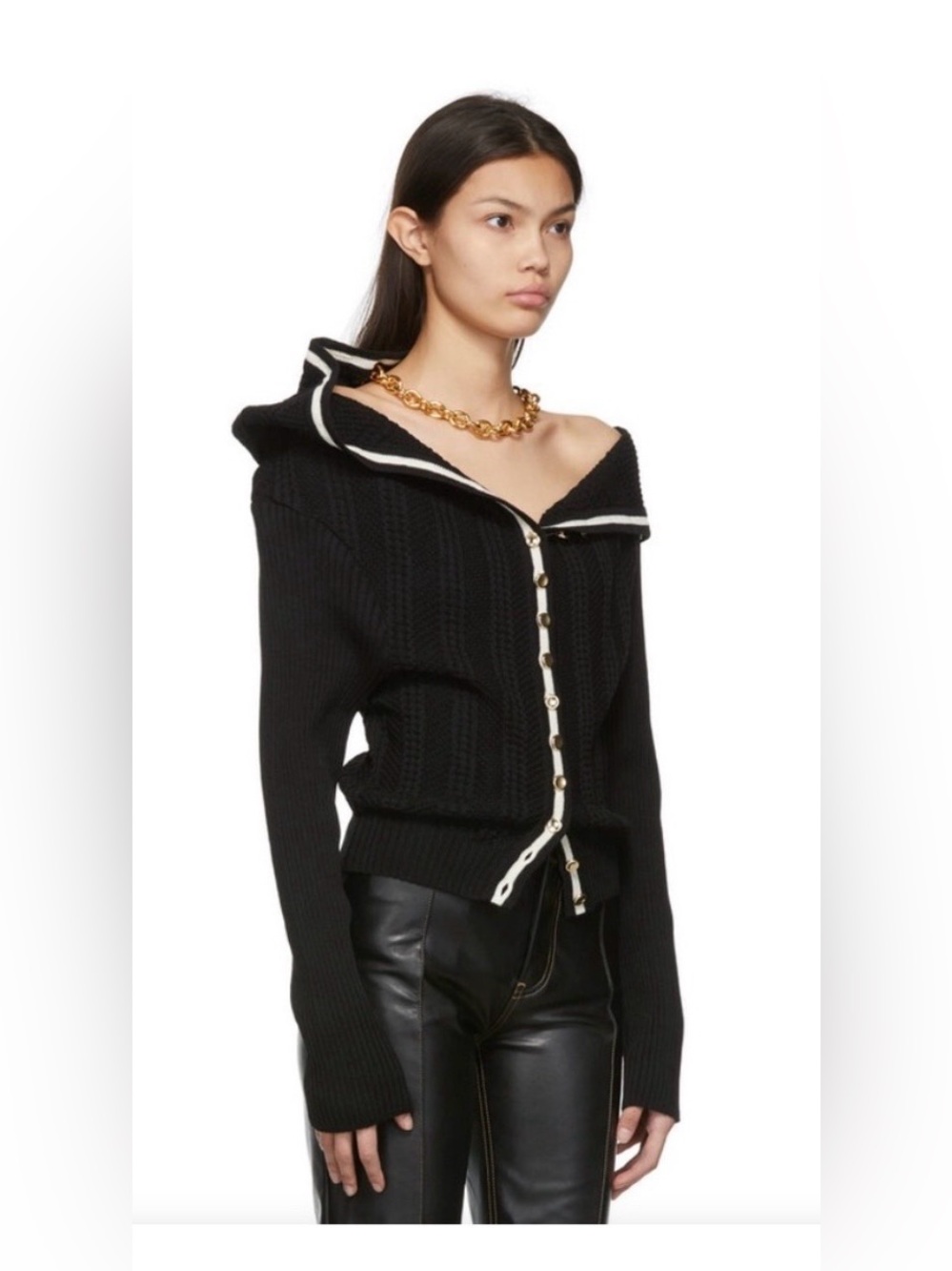 Y/Project Black Off-the-Shoulder Ribbed Zip Sweater with White Trim
